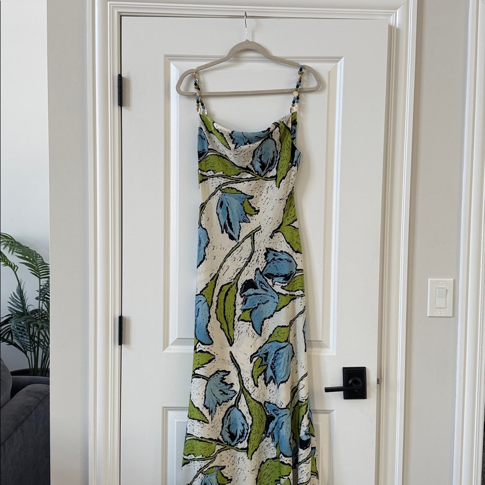 Topshop cowl neck midi slip dress with beaded straps in green blue floral - Picture 2 of 7